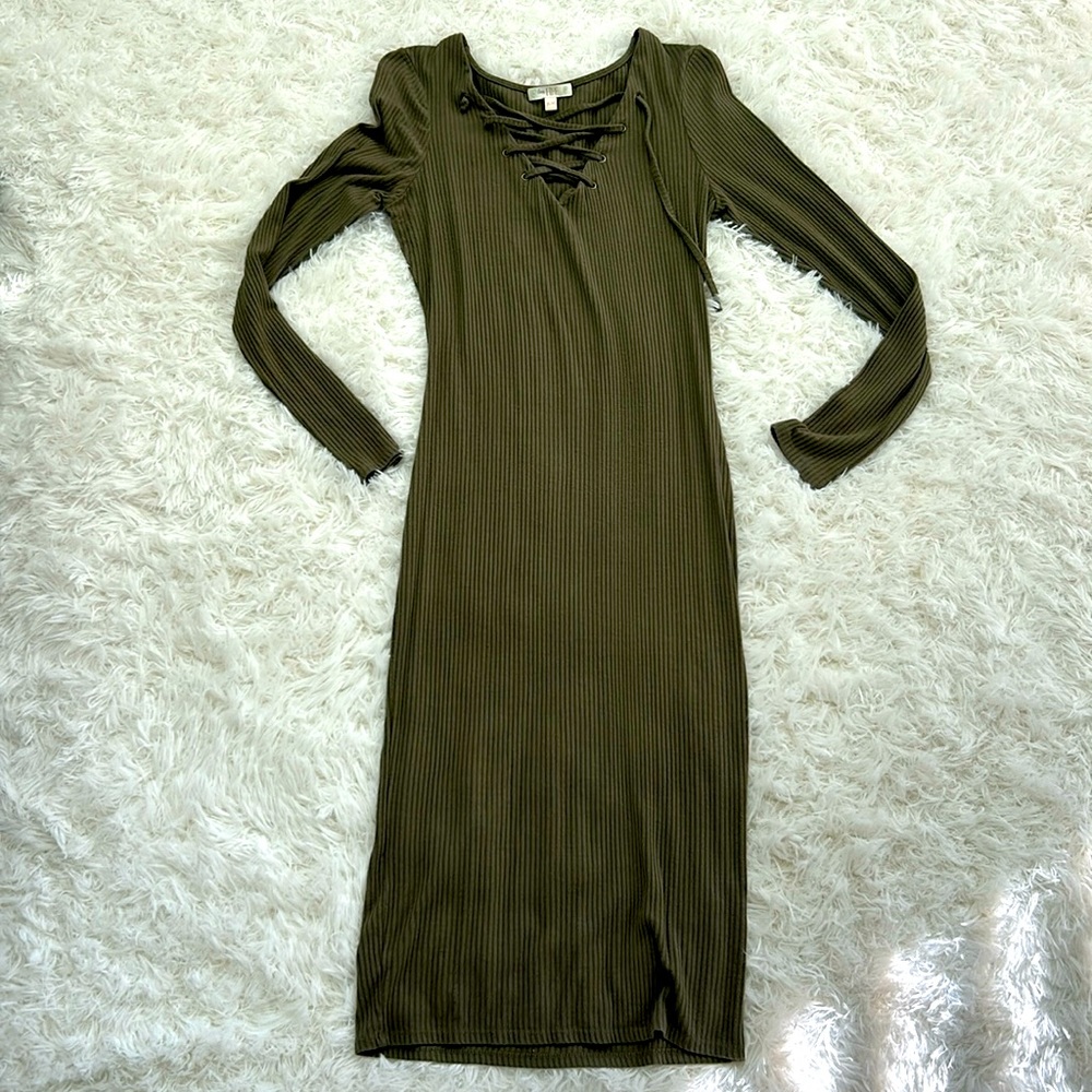 Olive Green Ribbed Long Sleeve Dress